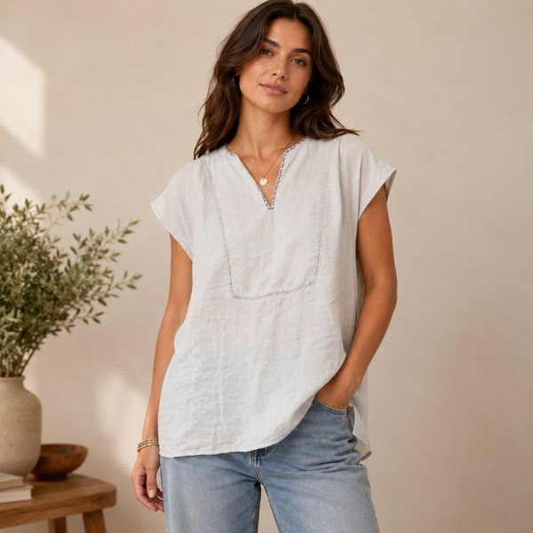 Blue Illusion Top Womens Large / 3 Beige Linen Tunic Boho Beaded Resort Neutral 