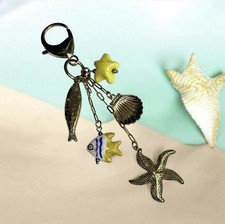 Nautical Gold Tone Multi Charm Keychain Starfish Shell Fish Beach Bag Charm