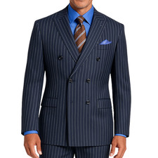 Men's Navy Pinstripe Peak Lapel Double-Breasted Reg-Fit Suit Adj Waist - NEW