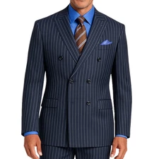 Men's Navy Pinstripe Peak Lapel Double-Breasted Reg-Fit Suit Adj Waist - NEW