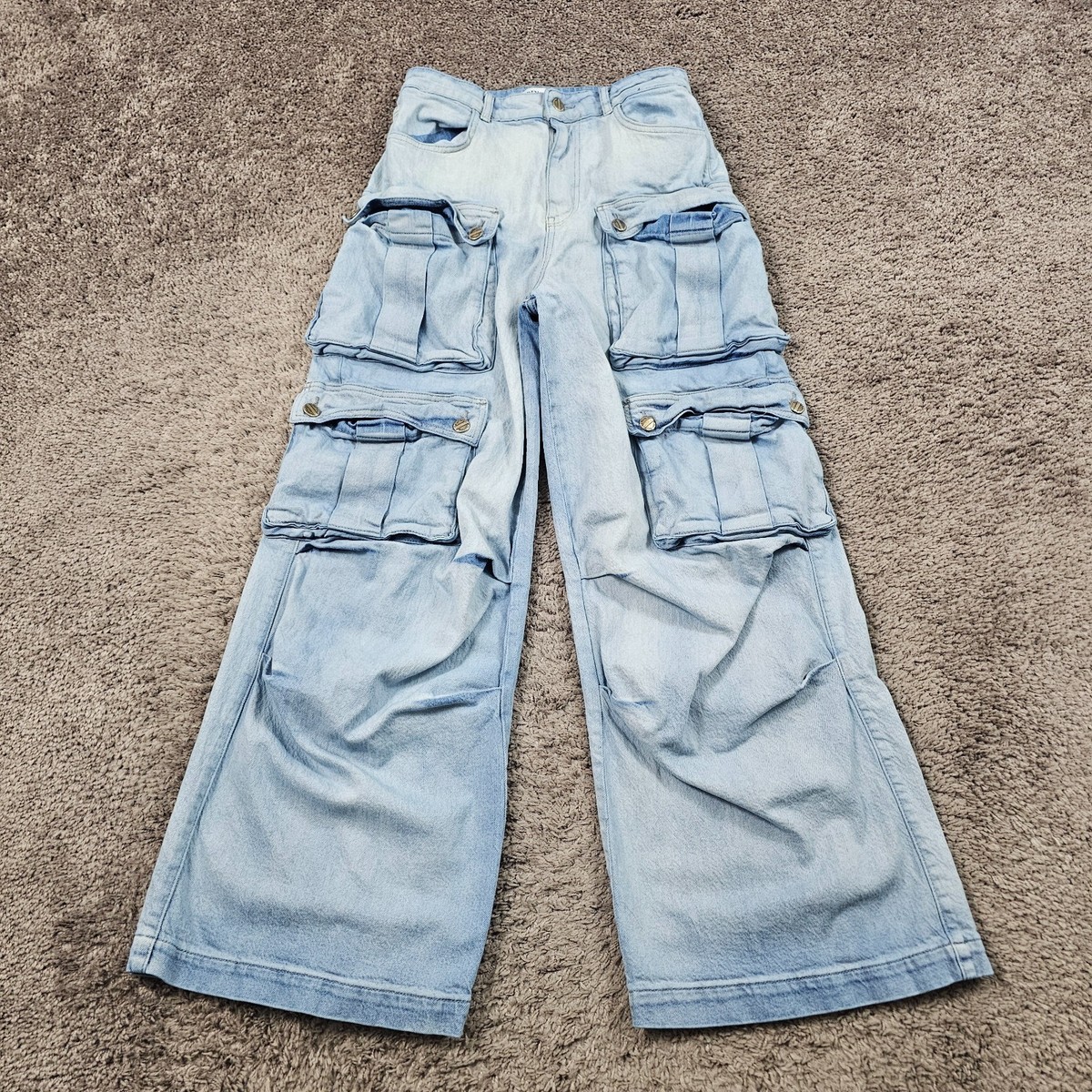 Zara Jeans Womens 4 Wide Leg Cargo High Rise Stretch Light Wash 