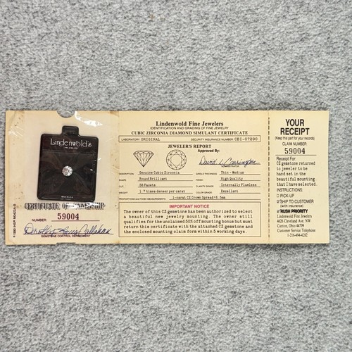 Vintage Lindenwold Cubic Zirconia 1 Carat Simulant w/ Certificate Unused
