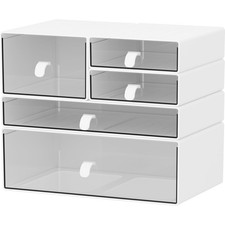 Desk Organizer Set, White  Clear Stackable Dustproof Storage Boxes for Deskt...