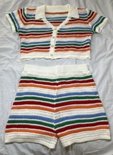 Womens L Crochet Knit Striped 2 Piece Set Pearl Button Crop Top High Rise Shorts