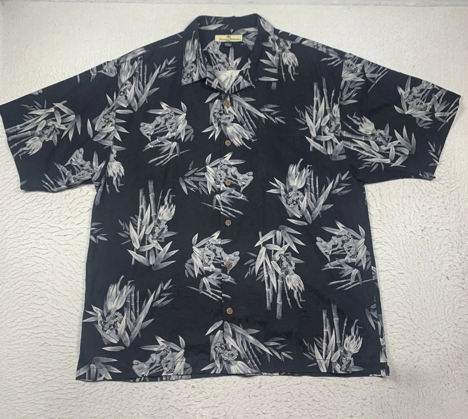 Tommy Bahama Hawaiian Shirt Mens XL Black Hula Girl Floral Silk Short Sleeve