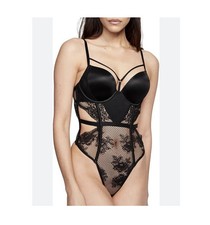 VICTORIA'S SECRET Bombshell Fishnet Floral Teddy Black Lace Push Up Lingerie M