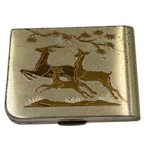 MCM Vintage Elgin American Powder Compact Deer Scene Gold Tone Collectible
