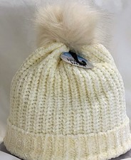 New Cream Chenille Knit Beanie Hat Brown Faux Fur Pom Pom Soft Warm Cuffed