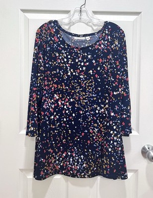 SUSAN GRAVER Liquid Knit Tunic Top Blue Multi Abstract Confetti Womens Size XL