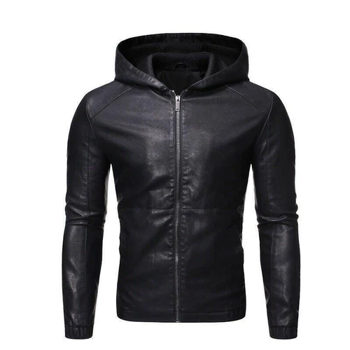 Men's Hooded Faux Leather Zipper Up Jacket Casual Motorcycle Tops Outdoor Coats