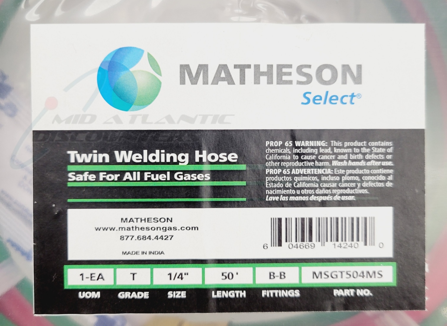 Matheson 50' Grade T 1/4" Twin Welding Hose with BB Fittings All Fuel
