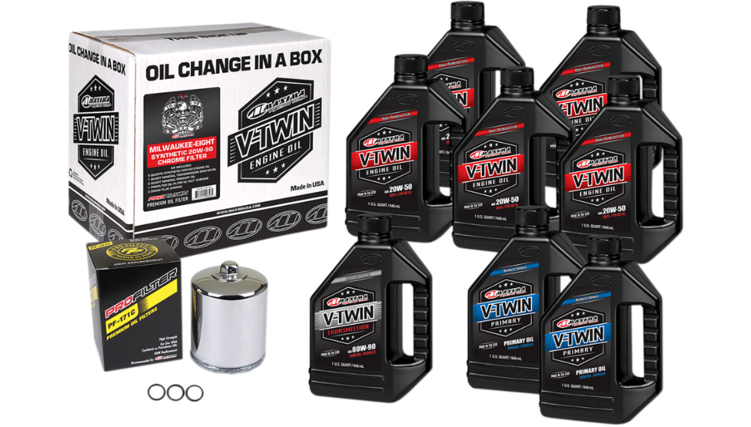 Maxima Synthetic 20W50 3 Hole Oil Change Kit CHROME Filter Harley