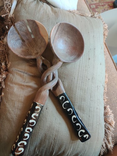 Vgt African Twisted Wood & Bone Fork & Spoon Set Of 2 - Picture 4 of 6