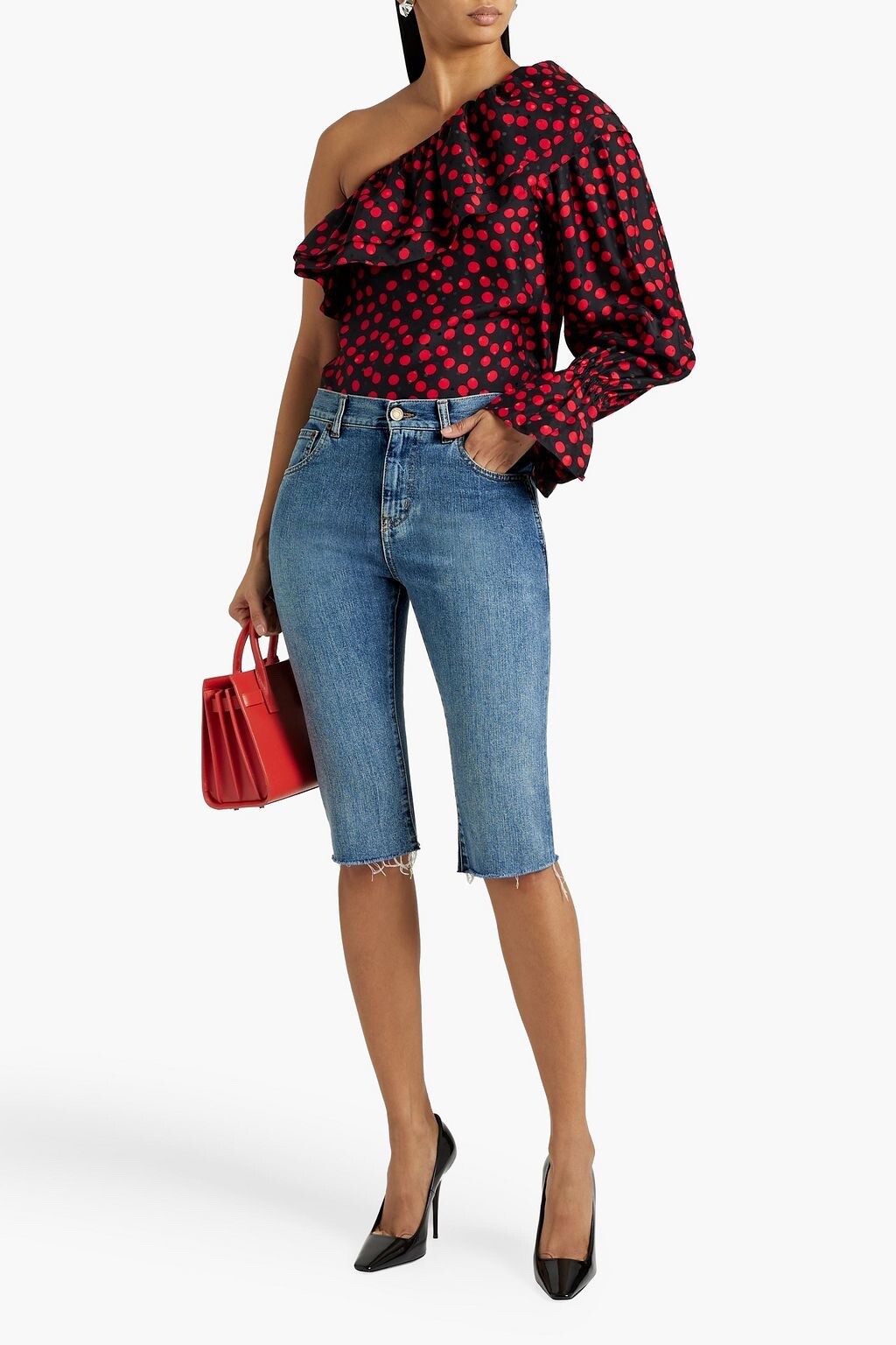 Camicetta Saint Laurent nera e rossa a pois monospalla taglia FR 36 US 4 $1.890