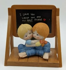 VTG Enesco Country Cousins Figurine - Katie & Scooter Seated IFO Slate Board IOB
