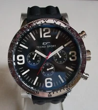 Men's Tecno Sport Silver Finish Black Silicone Band Casual Fashion Wrist Watch