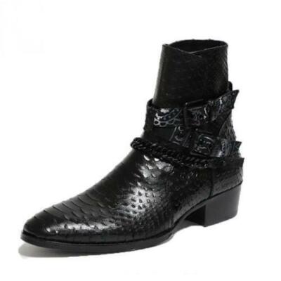 Mens Fashion European Leather Crocodile Pattern Chain Formal Chelsea Ankle Boots