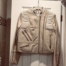 H&m Studio Women’s Thick Cream/tan Leather Quilted Biker Jacket Sz 12