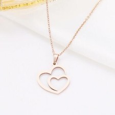 Stainless Steel Necklace Women Hollow Double Heart Choker Pendant Rose Gold