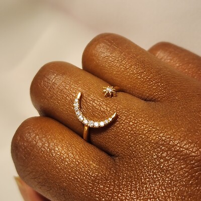 14K Gold Moon and Star Natural Diamond Ring / Open Band Crescent / Fine Jewelry