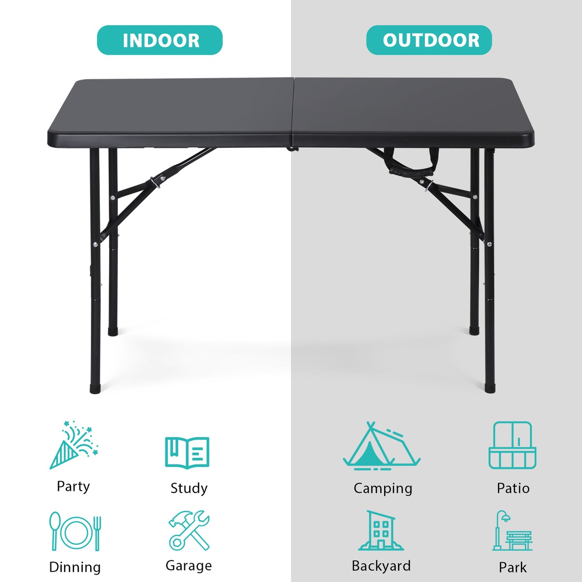 Folding Table 4ft Portable Plastic Fold-in-Half Utility Dining Table for  Camping