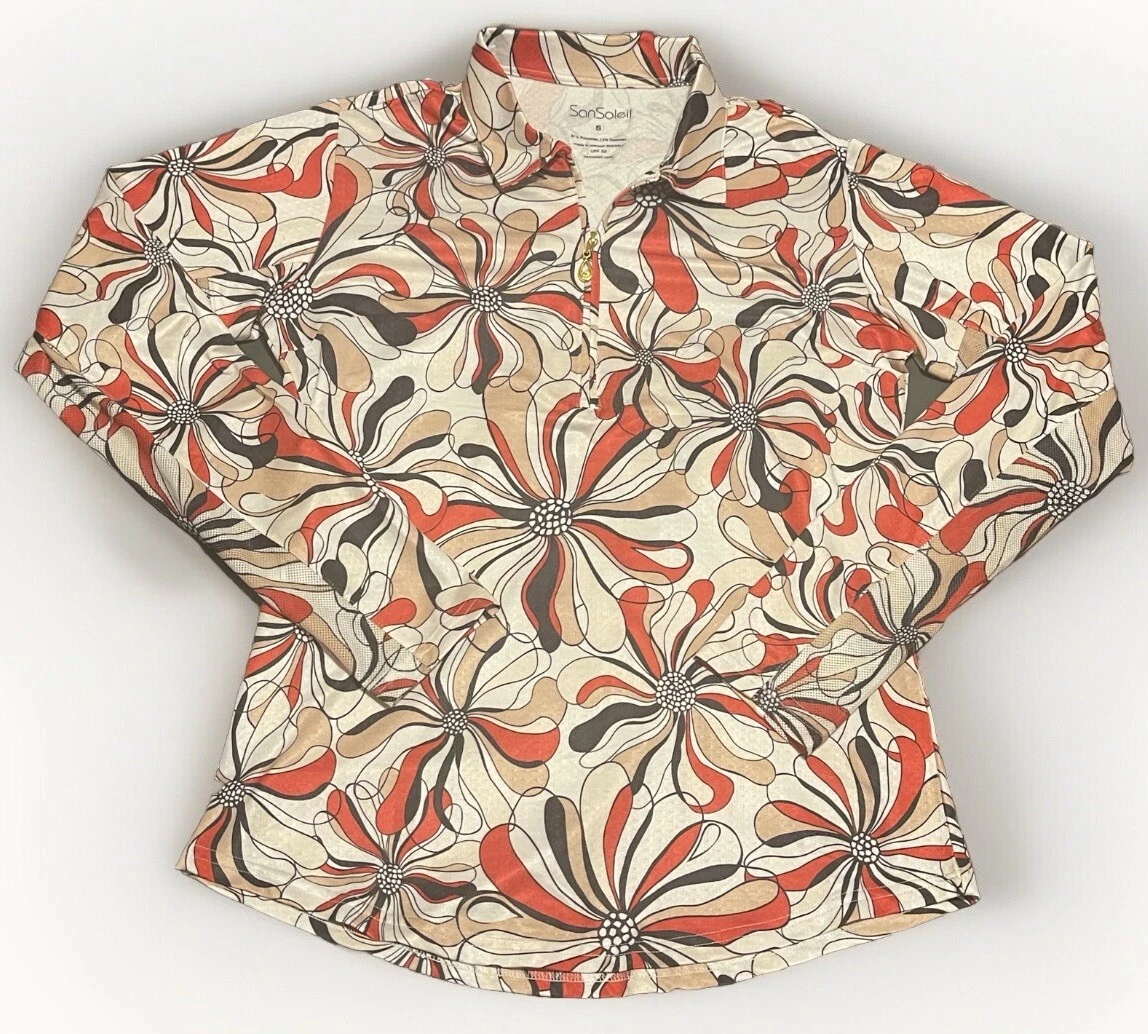 San Soleil Sun Protection UPF 50 Floral White Mountain L/S 1/4 Zip Size S