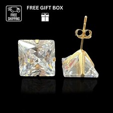 14K Yellow Gold Square Martini Prong Stud Earrings with Princess Cut CZ 2-8mm