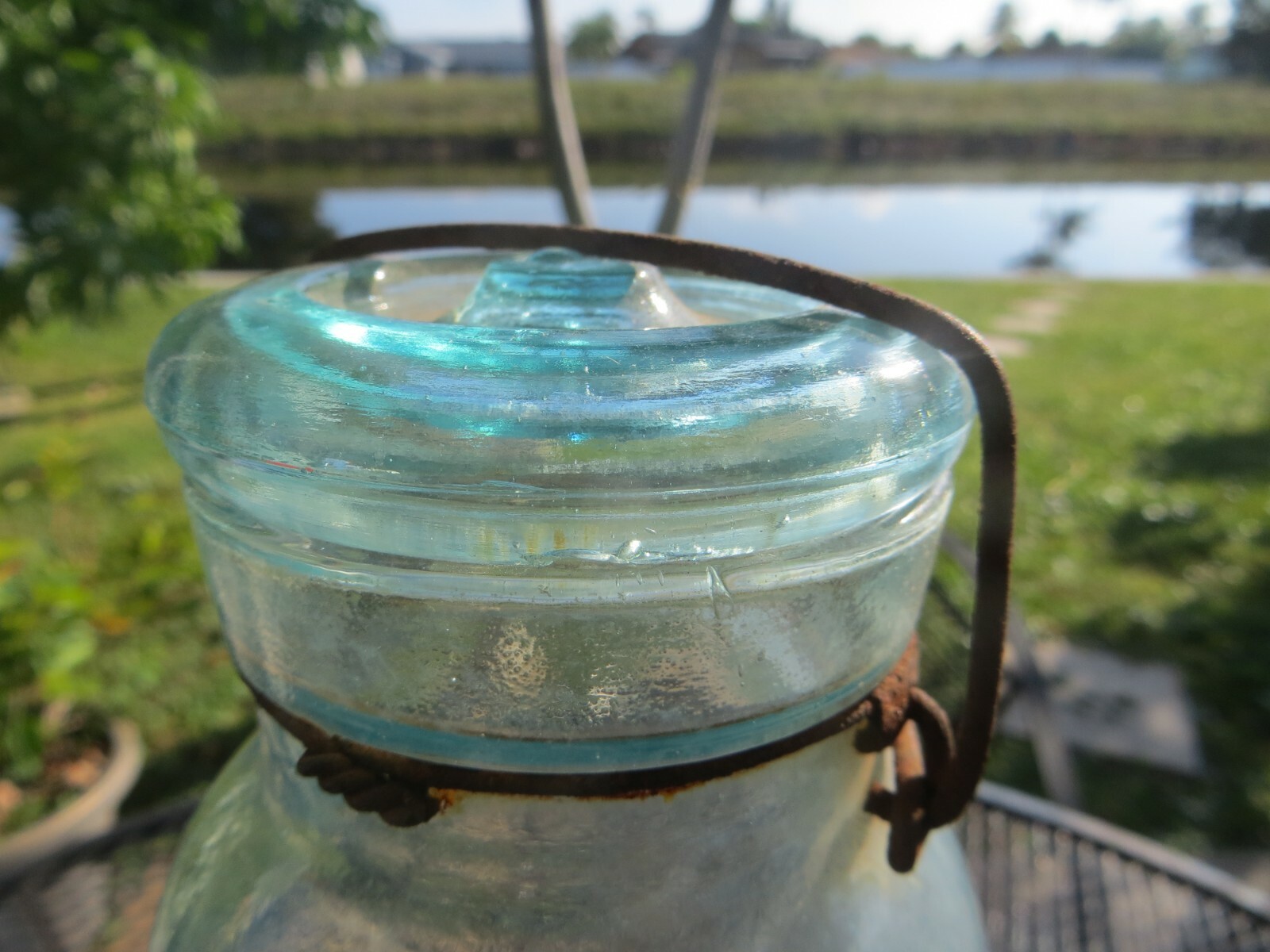 PUTNAM 476 Lightning Trade Mark blue glass canning jar Glass top metal clamp