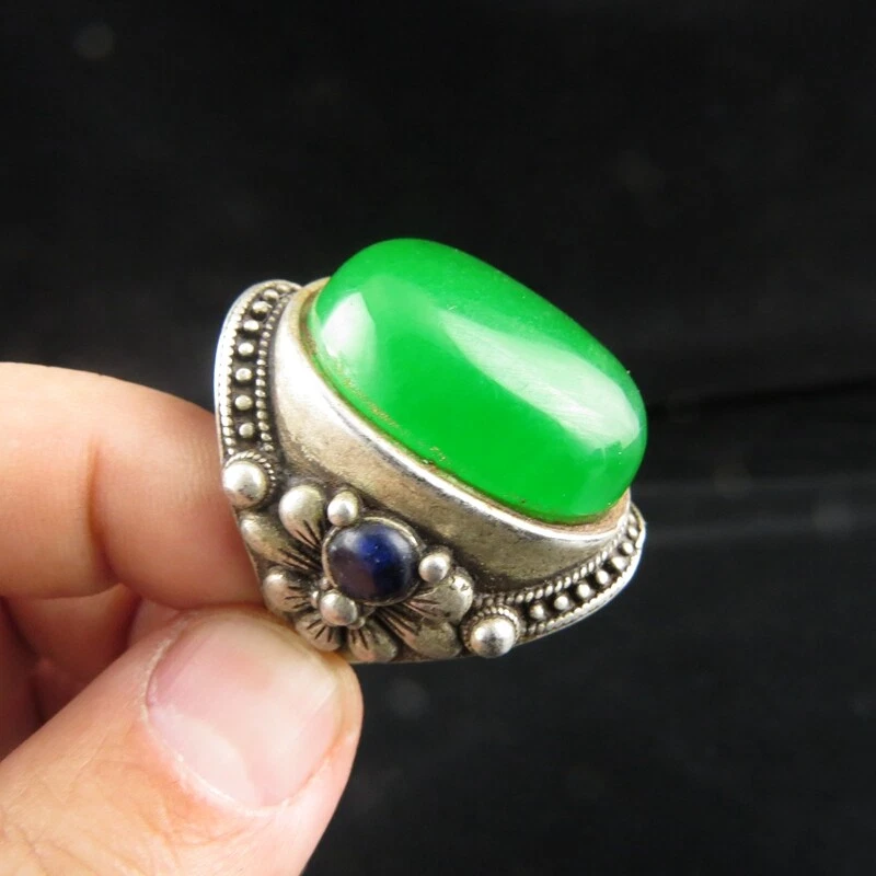 China, jade antiguo, plata pura, jade natural, jadeíta, jade, anillo, banzhi Q (263) Foto 3 de 4
