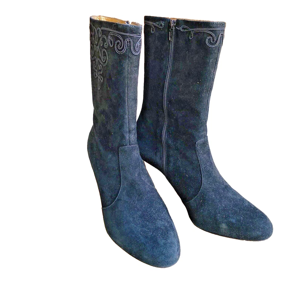 Ann Taylor черные замшевые ботинки высокий каблук середины икры Soutache вышивка молнии США 7,5 М - Изображение 2 из 4