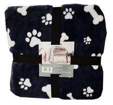 Berkshire Blue White Paw Print  Dog Bone Throw Blanket   50" x 70" Super Soft