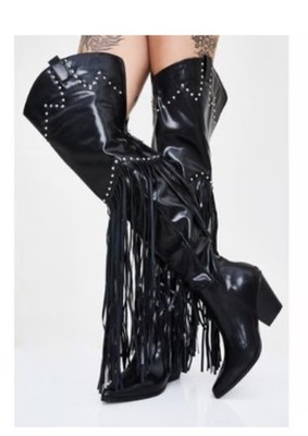 Cape Robbin Montana Fringe Pointy Toe Black Thigh High Boots Sz 7M