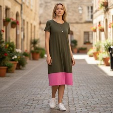 Boden Olive Green Pink Colorblock Slub Cotton T-Shirt Midi Dress US 4L UK 8L