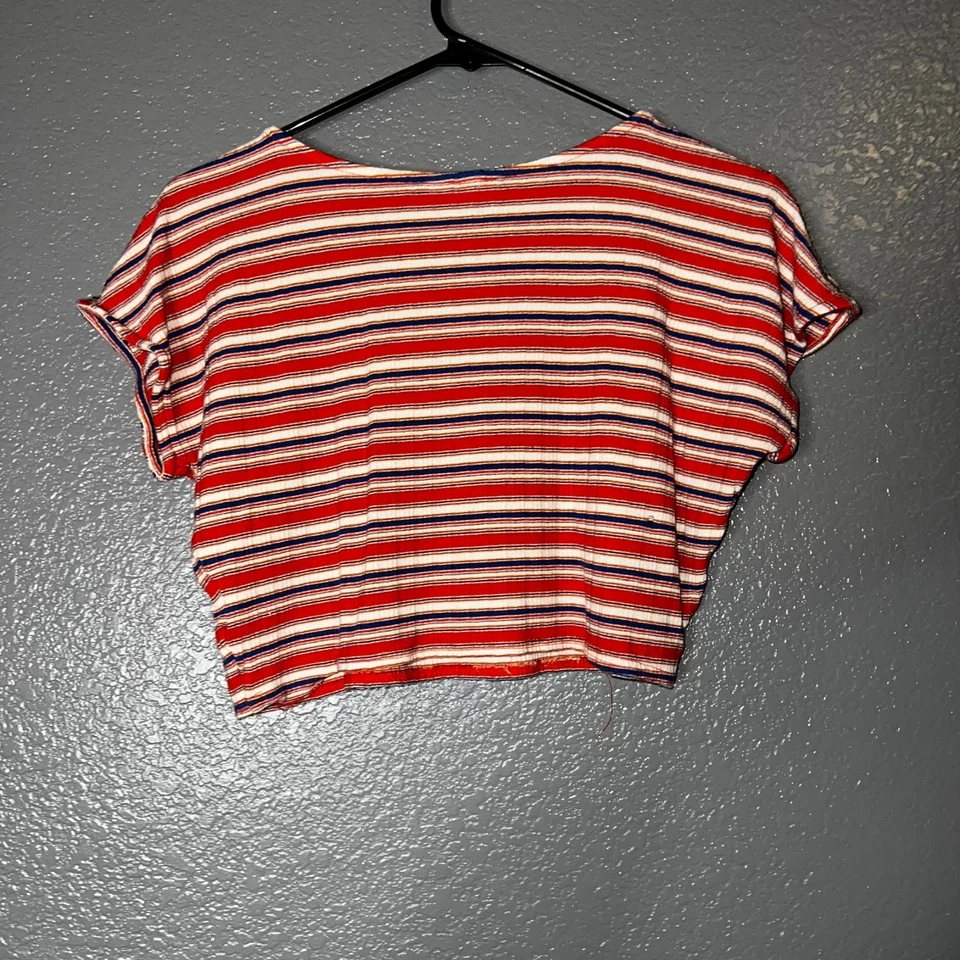 Volcom Girls M 8 Striped Crop Top Red Blue Short Sleeve Ribbed Stretch Tee - Image 4 of 4
