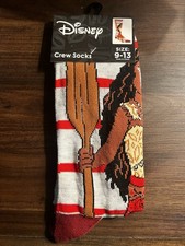 Disney Moana Crew Socks Striped Red White Brown Size 9-13