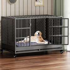38 Inch Heavy Duty Dog Crate with Wheels, Folding Metal Big Dog Cage for Large a