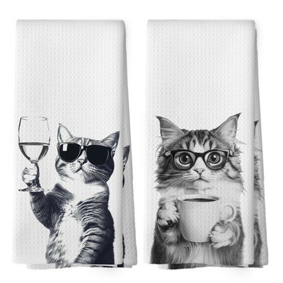 Funny Cat Kitchen Towels Set of 2, Funny Kitchen Decor, Coffee Station Wine B...