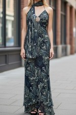 Maxi Vestido Vintage Años 90 Y2K Cache 100% Seda Broche Hilo Metálico Dorado con Bufanda