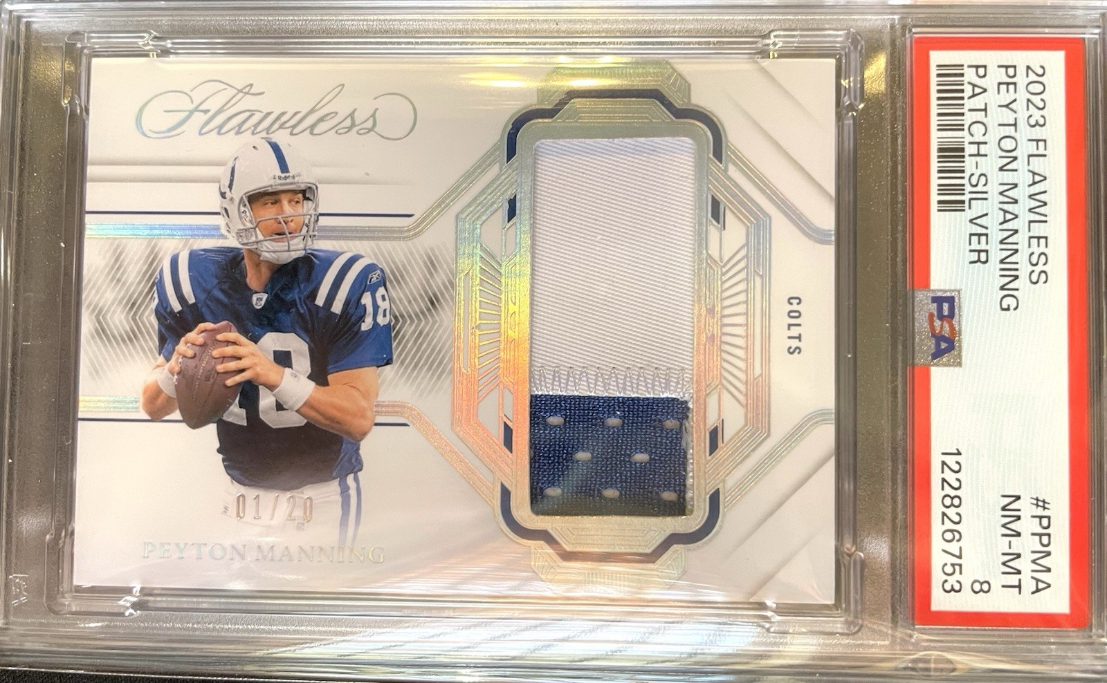 1 /20 🔥 Peyton Manning 2023 Flawless Patches Silver first on print PSA 8