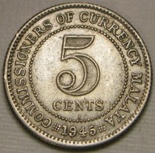 MALAYA 5 Cents 1945 I - Silver 0.5 - XF/aUNC - 770 *