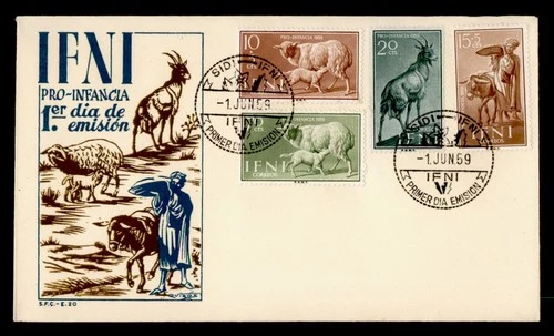 DR WHO 1959 SPANISH IFNI FDC ANIMAL PRO INFANCIA SEMI POST COMBO M76550