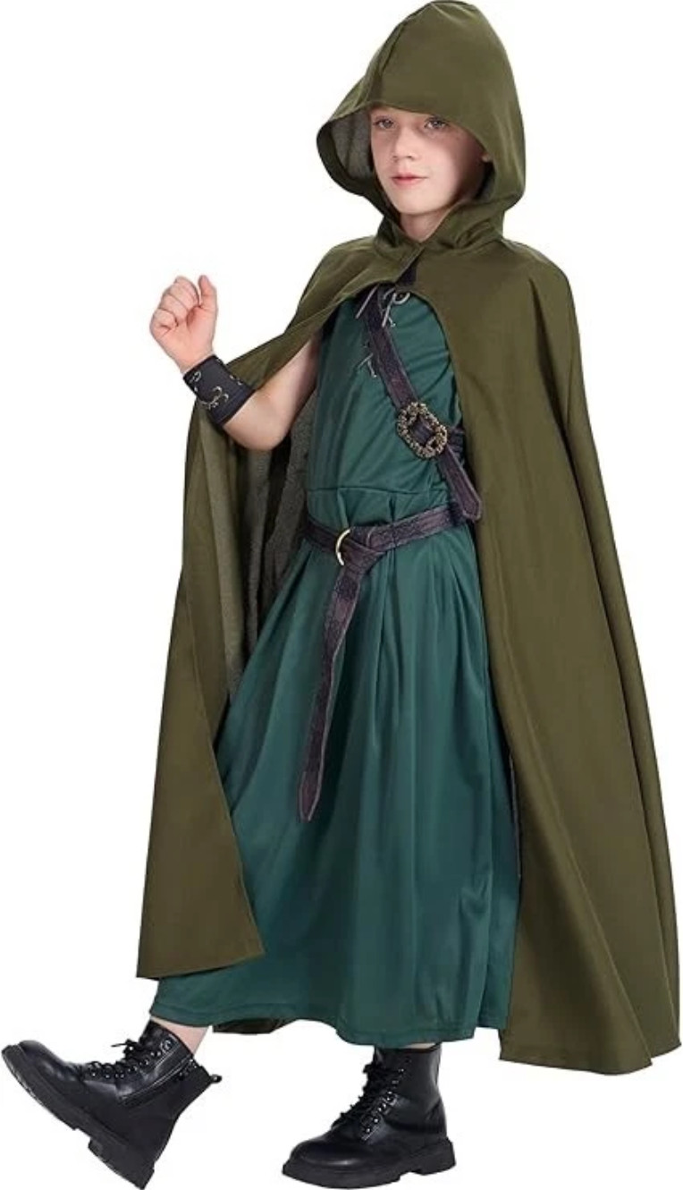 Disfraz de Arquero Niños 8-10 Con Capucha Renacimiento Medieval Vikingo Disfraz Capa Verde