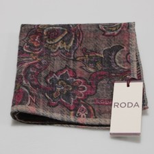 Roda NWT 100 Wool Pocket Square In Brown / Red / Gold / Blue Floral Print