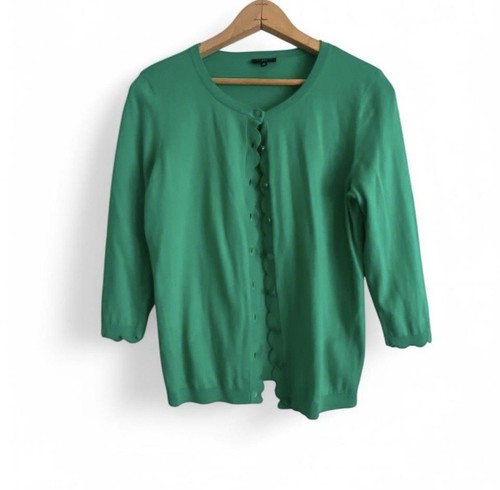Talbots Petites Women’s Green Cardigan 3/4 Sleeve Scalloped Detail Size M Petite