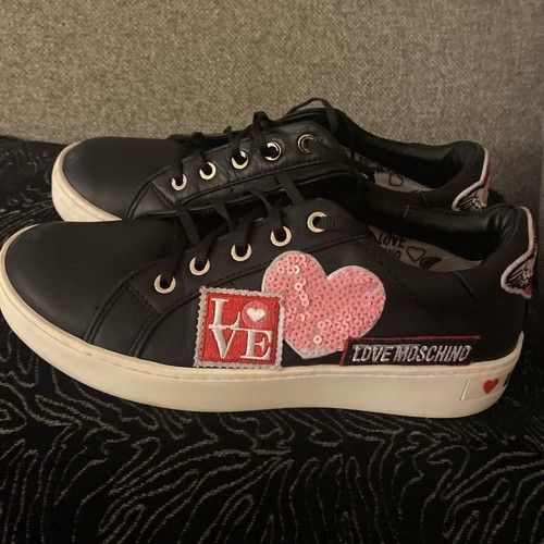 Women's Love Moschino Leather Trainers Sneakers Gold Heart Eyelets EU39 US9, UK6 - Picture 7 of 13