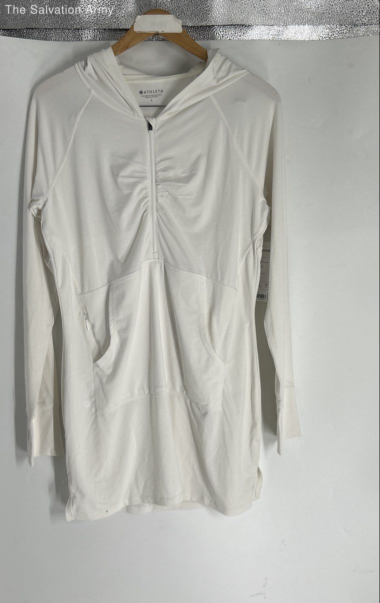 Athleta Womens White 1/4 Zip Long Sleeve Pockets Hooded Mini Dress Size Large