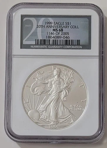 1999 AMERICAN 1 OUNCE SILVER EAGLE NGC MS68 20TH ANNIVERSARY SKU 1864089-046