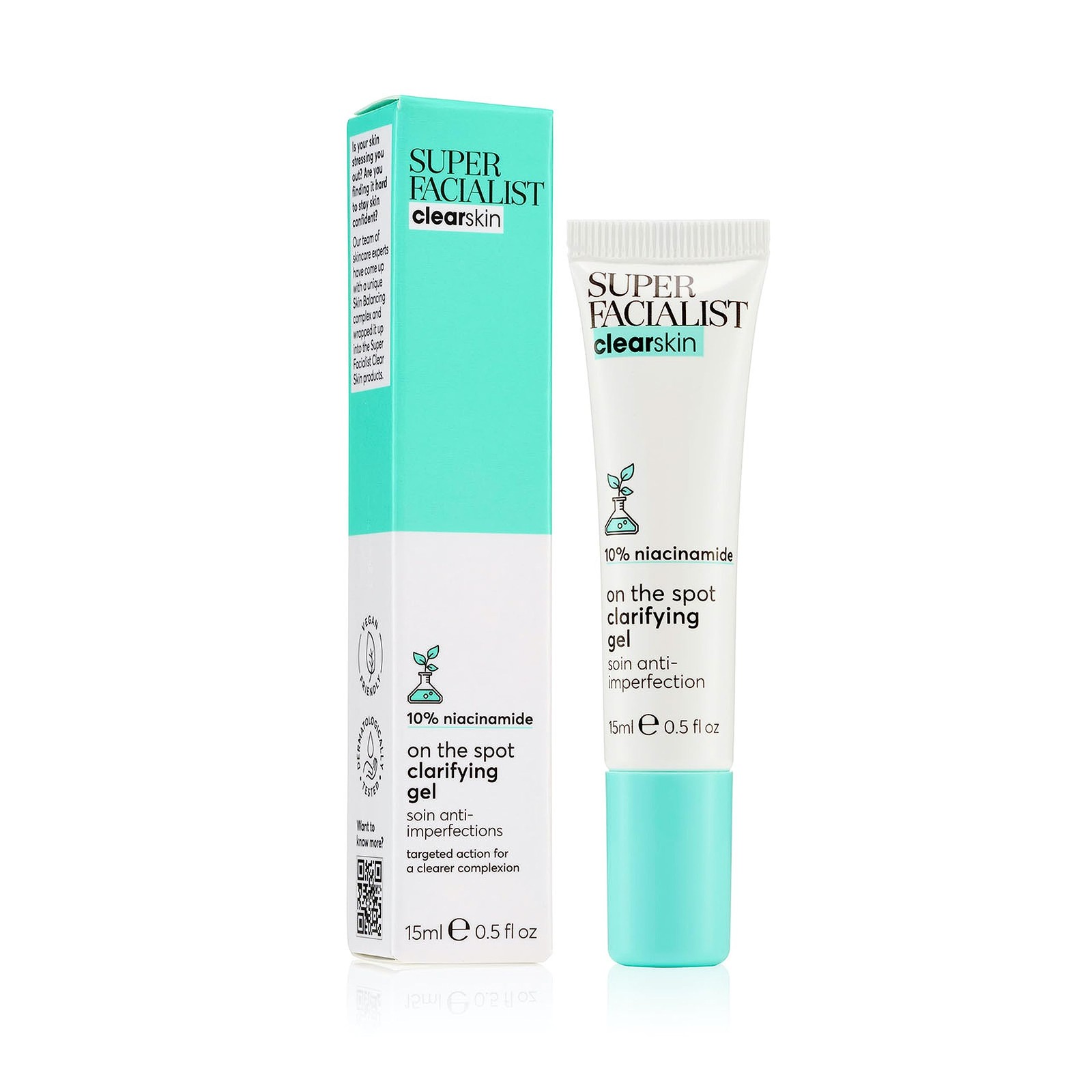 Super Facialist Clear Skin On The Spot Clarifying Spot Gel, 15ml | Targeted clarifying gel, niacinamide, organic tea tree and prebiotics, lightweight, for blemish-prone skin, vegan friendly - Image 4