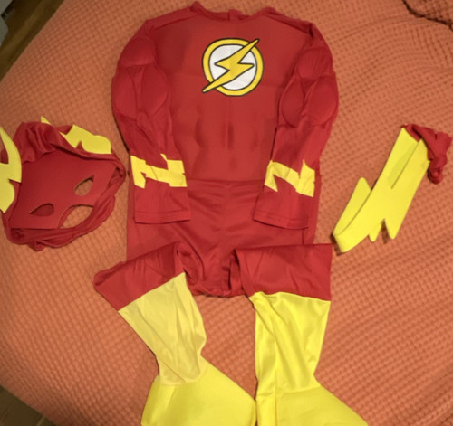 Used The Flash Boys' Complete Padded Costume Outfit Red Yellow Superhero Mask