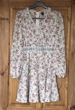 Cute cream pink beige vintage floral crochet waist short dress, S Shein